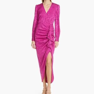 Veronica Beard Weiss Draped Midi Silk Blend Jacquard Dress Bright Magenta Sze 12